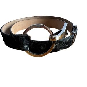 WCM‎ New York Black Leather Calf Hair Abstract Design Belt 34" Circular Buckle